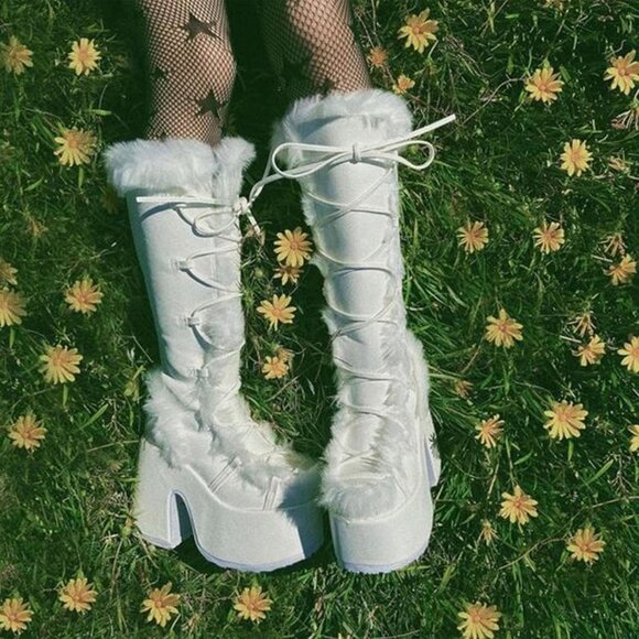 🆕Womens White Synthetic Mid Calf Lace Up Chunky High Heel Warm Fur Snow Boots - Picture 9 of 11